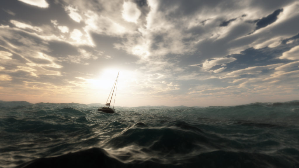 Lost sailing boat in wild stormy ocean.