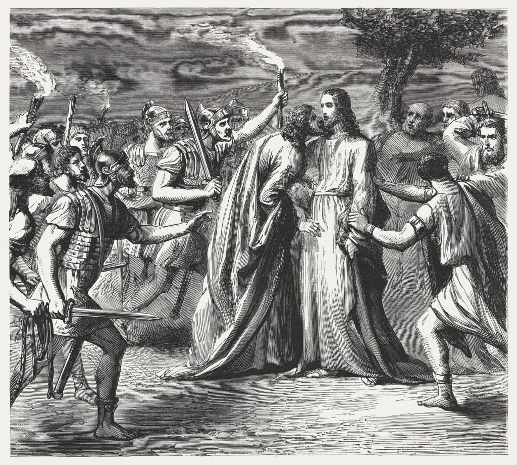 Judas Iscariot betrays Jesus with a kiss