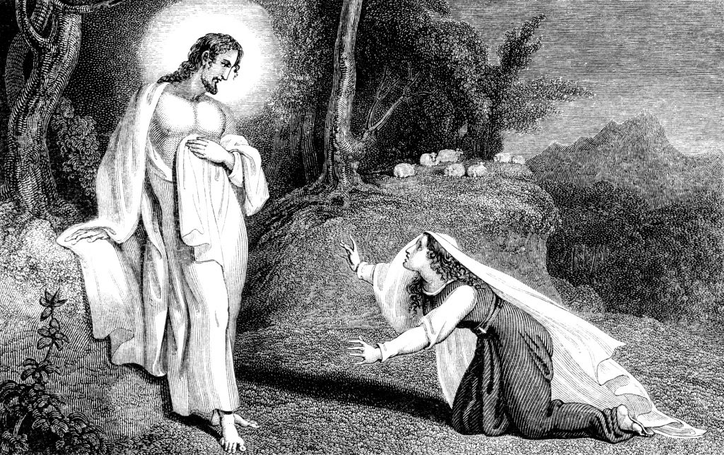 An engraved illustration of Jesus Christ appearing to Mary Magdalene
