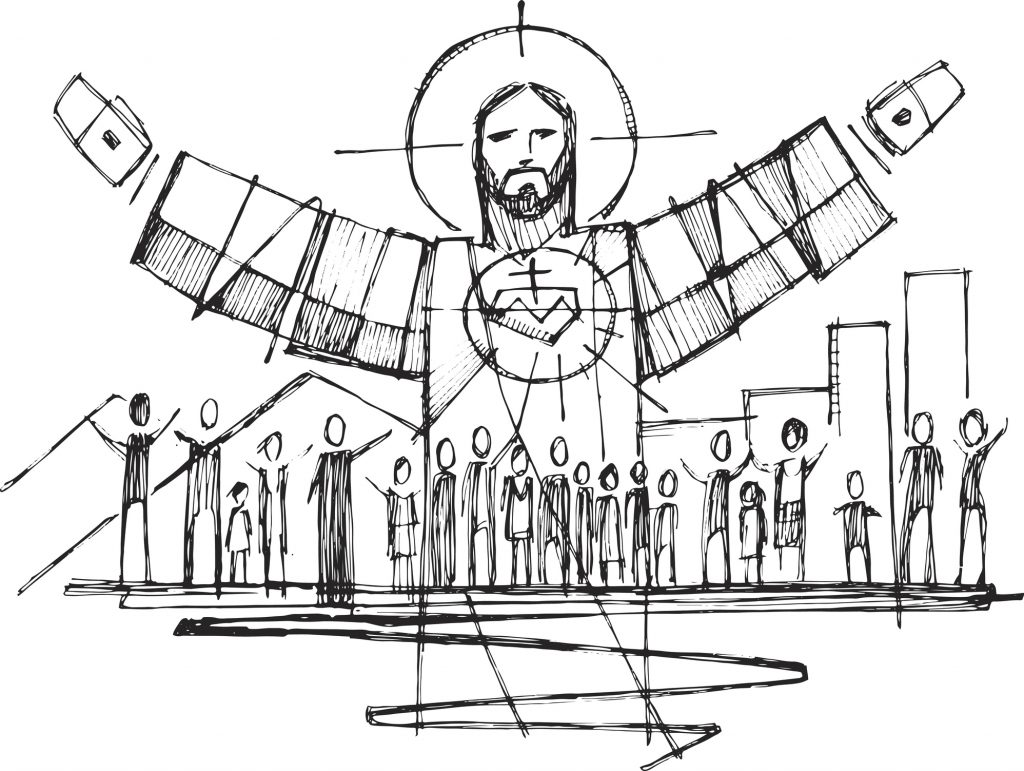 Jesus Christ with open arms and and people illustration